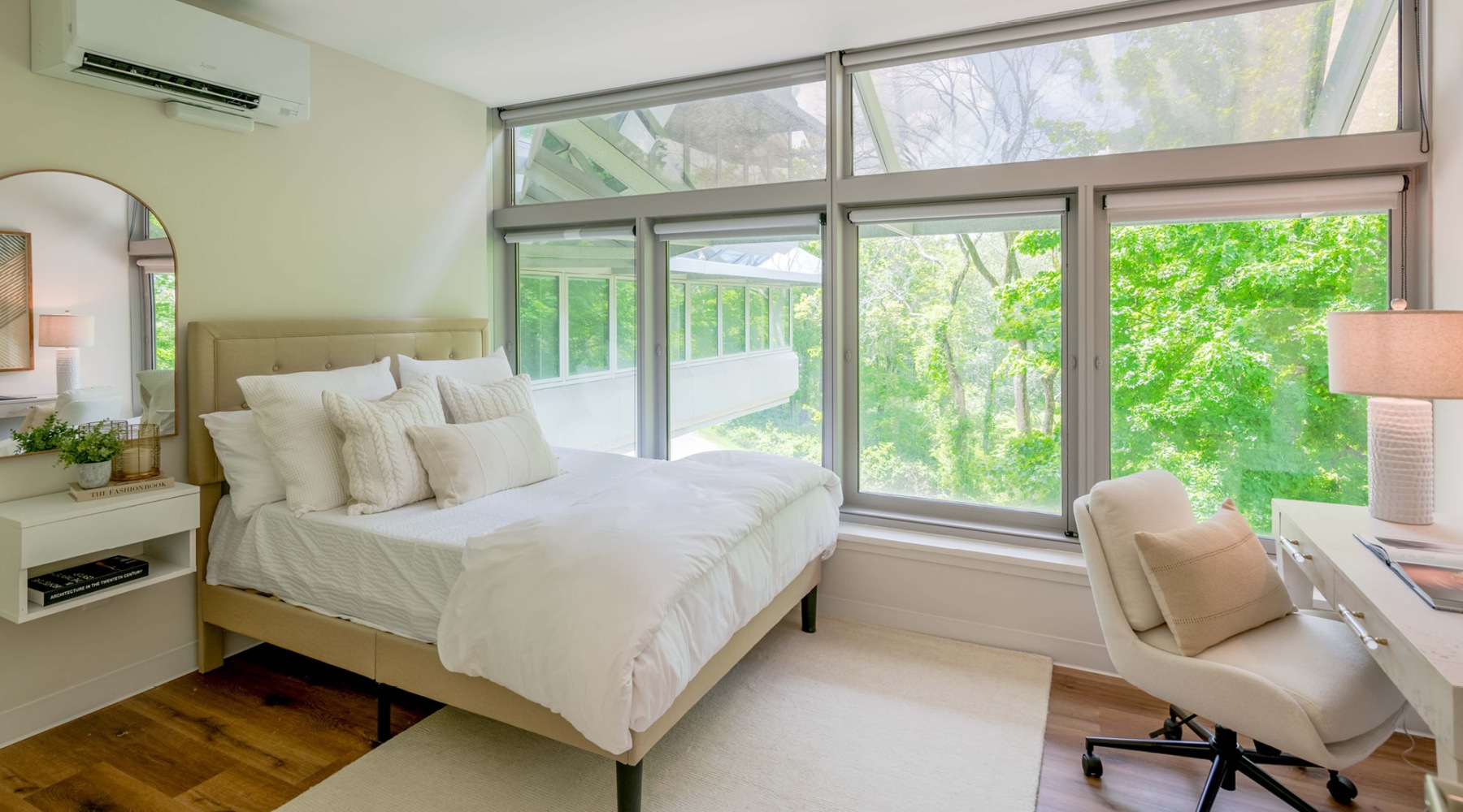 Bedroom with natural lighting and high ceilings