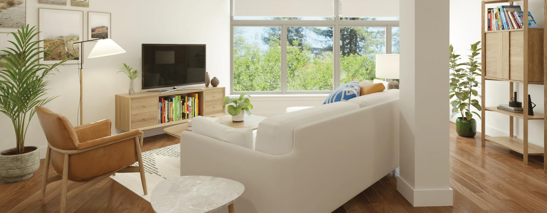 a living room with a white couch