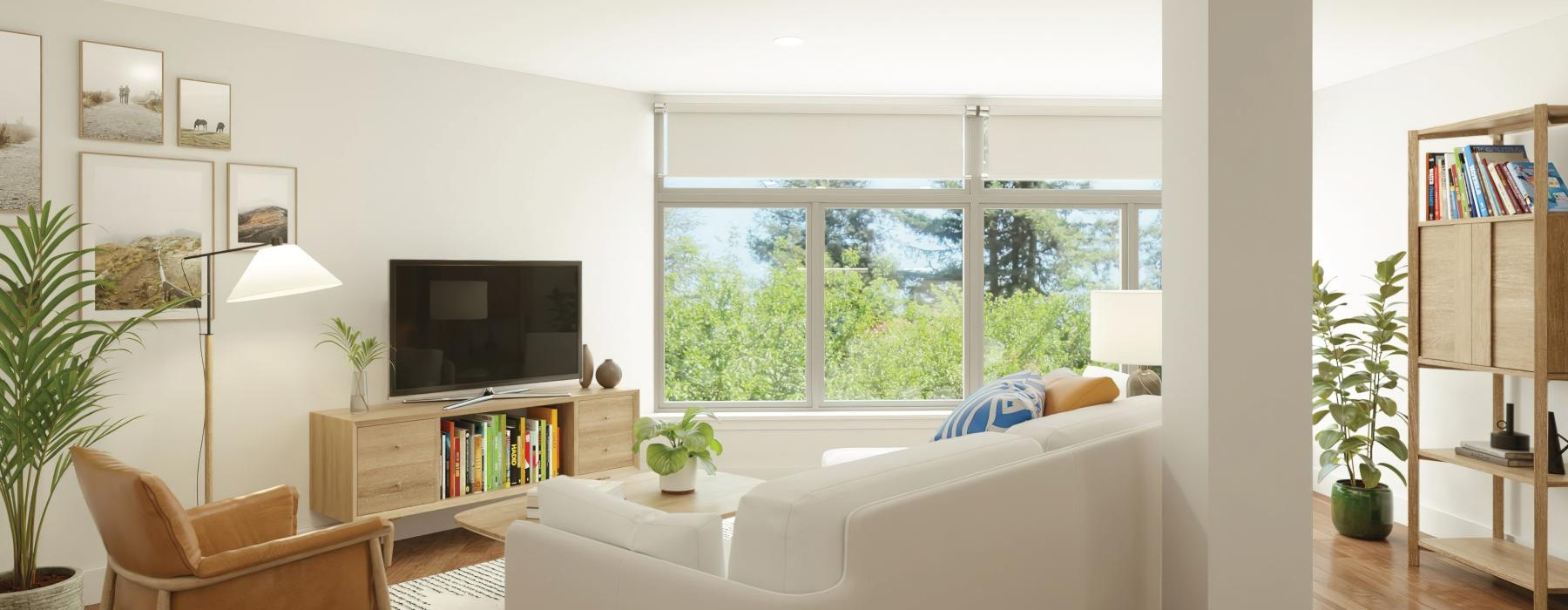 a living room with a white couch